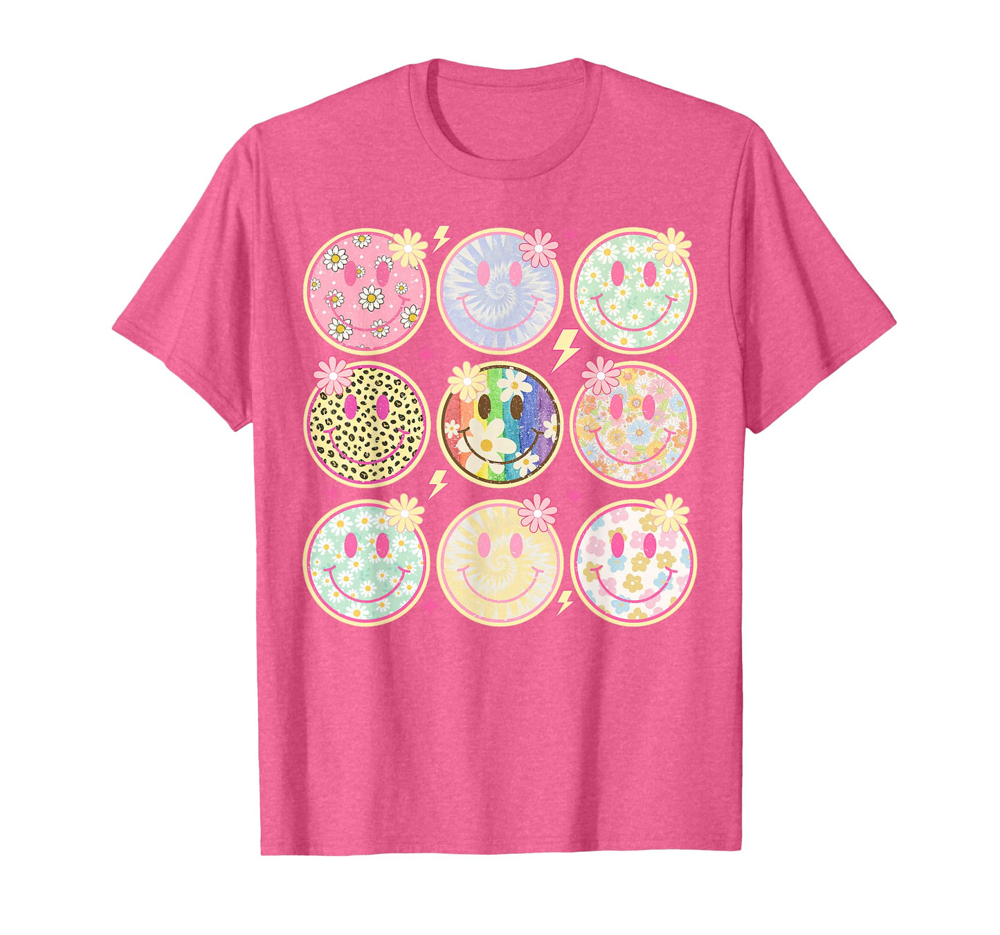 Retro Groovy Smile Face Flower Happy Face Checkered Pattern T-Shirt
