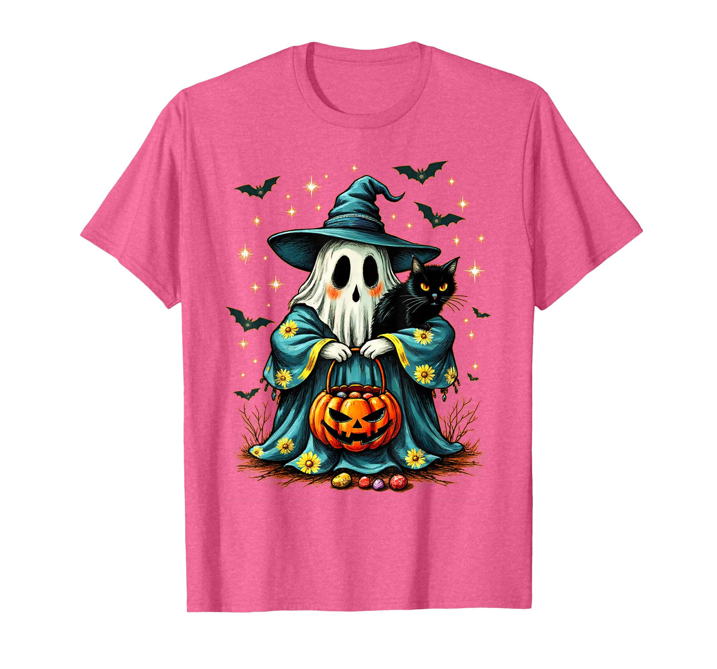 Halloween 2025 Ghost Holding Black Cat Groovy Floral Vintage T-Shirt