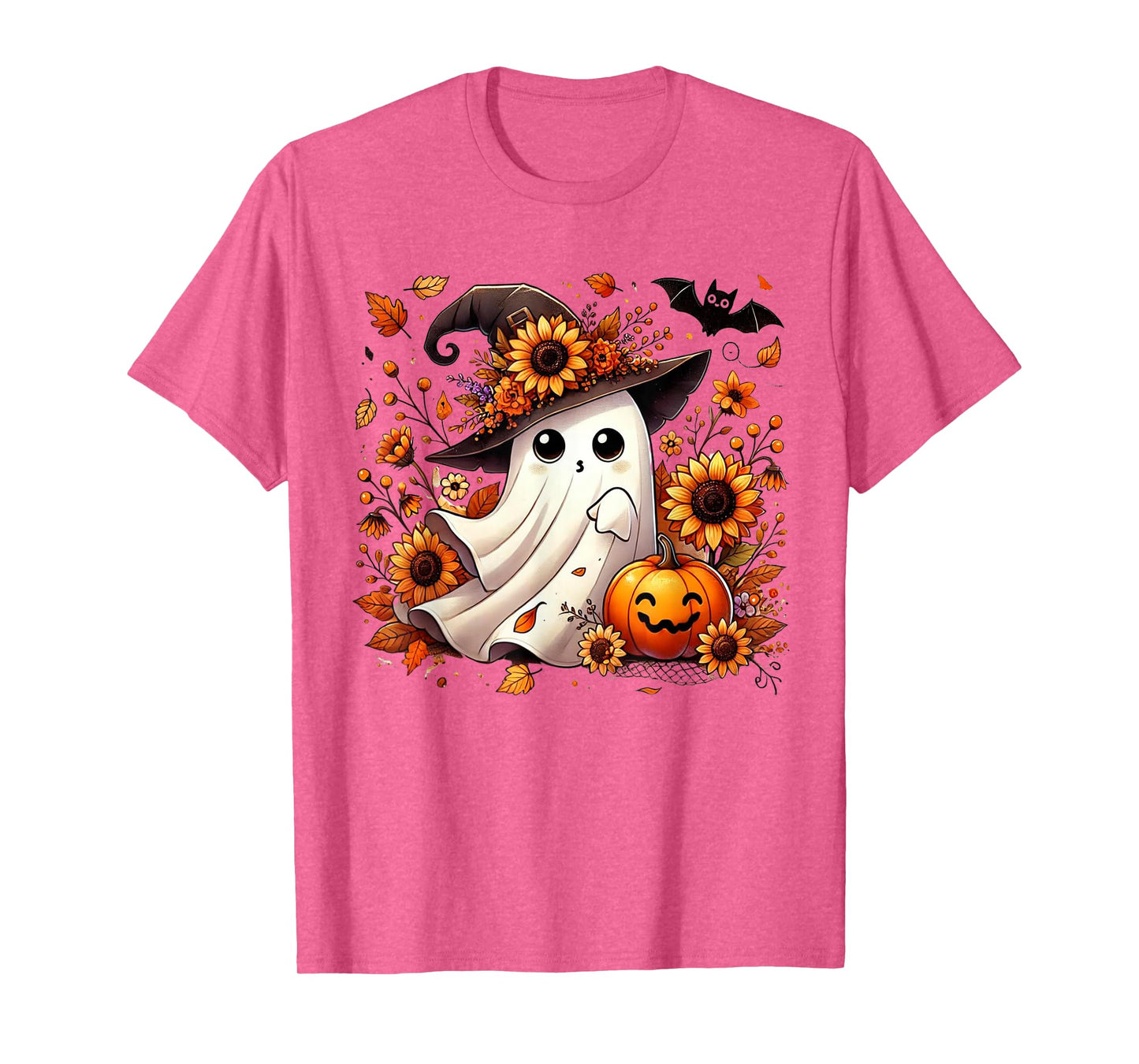 Cute Ghost with Sunflowers and Pumpkin Halloween T-Shirt