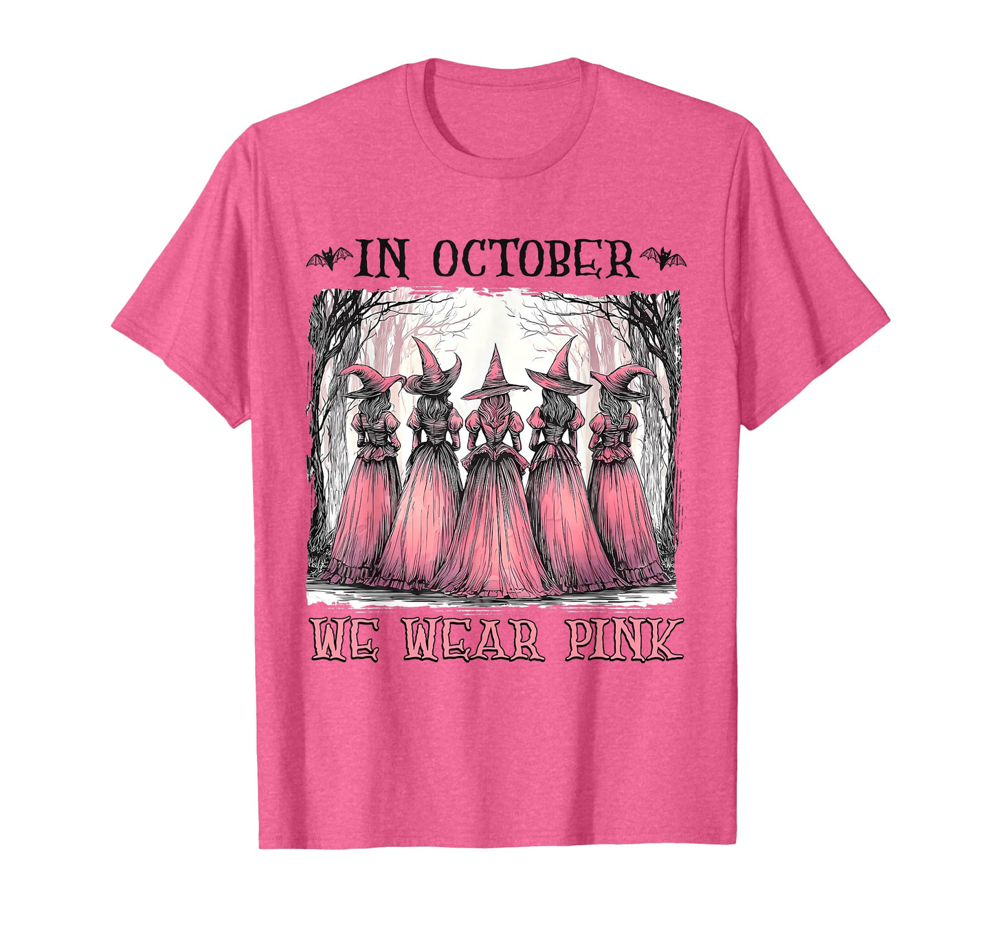 in October We Wear Pink Witch Halloween Breast Cancer T-Shirt