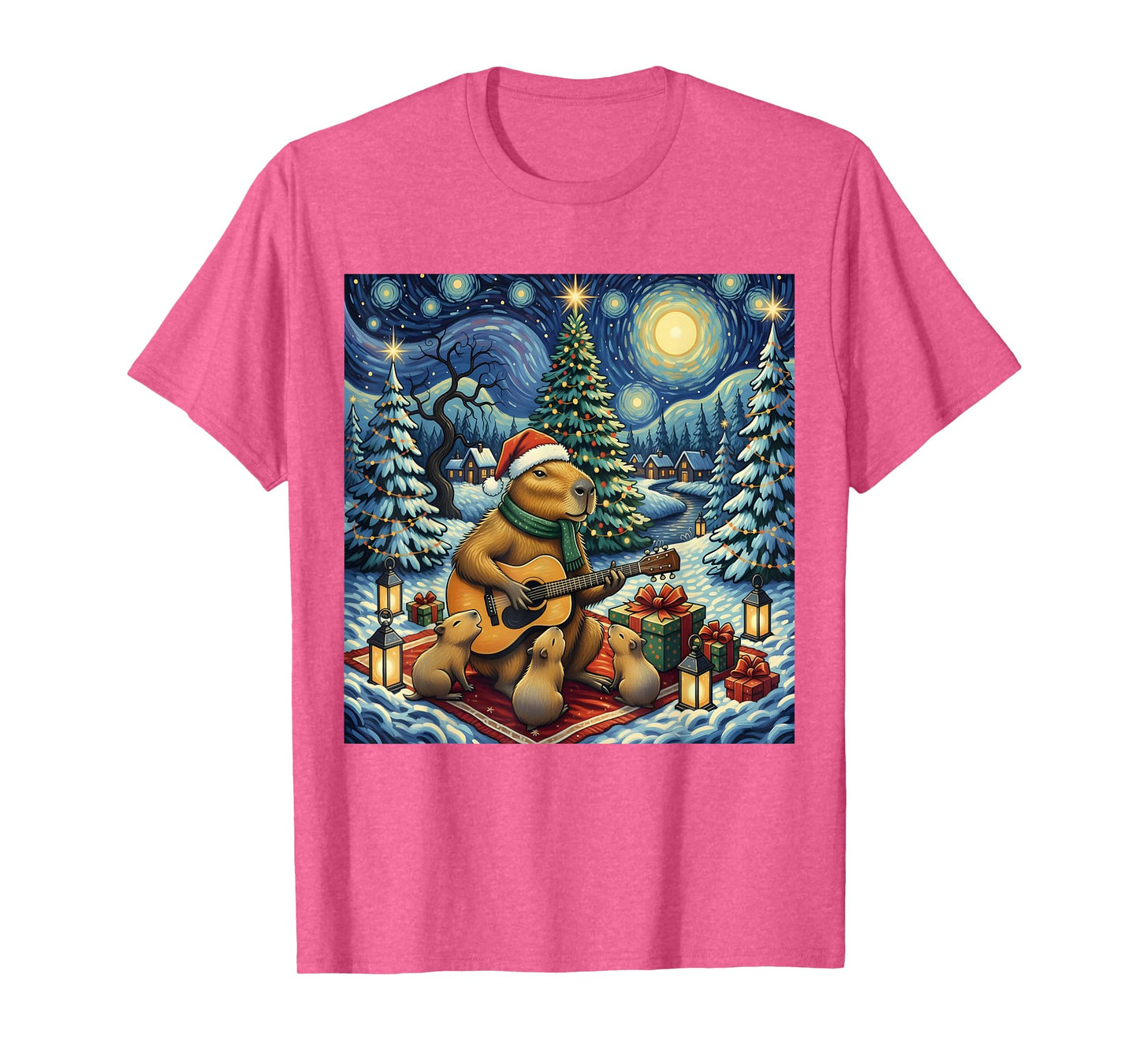 Capybara Playing The Guitar Van Gogh Style Christmas Themed T-Shirt