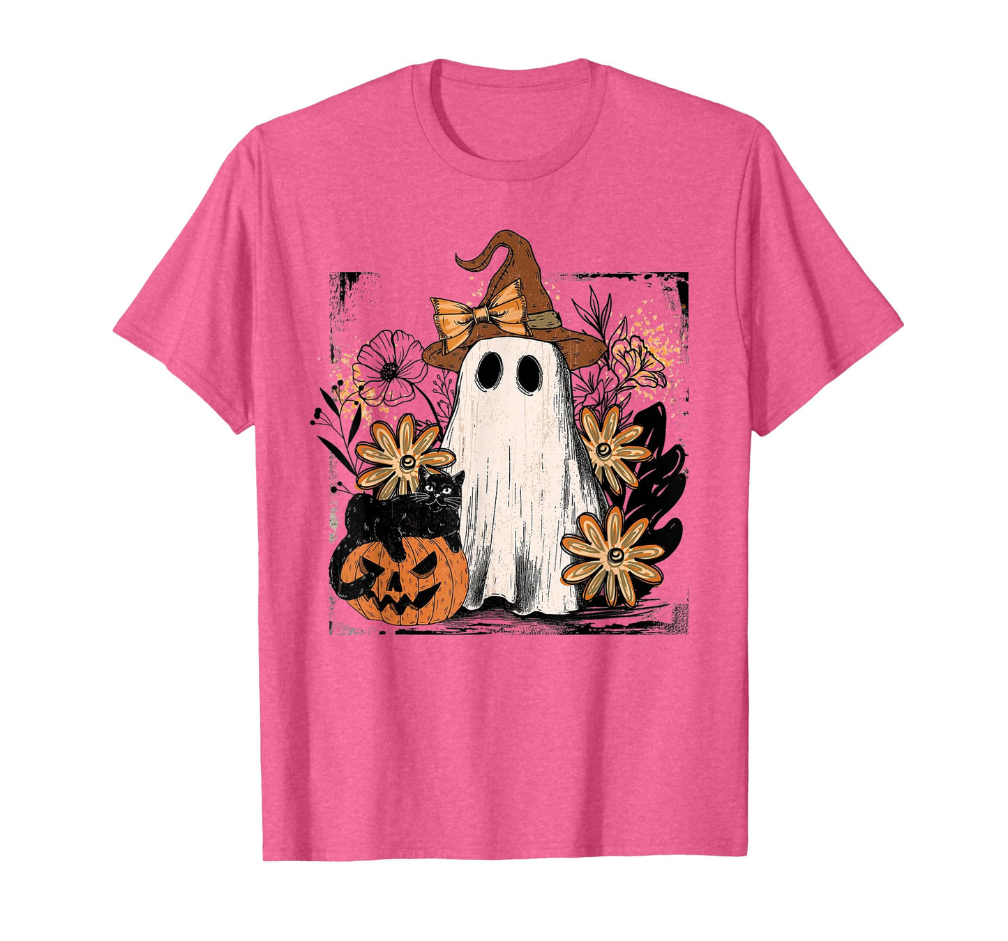 Retro Halloween Floral Ghost Witch Pumpkin & Black Cat T-Shirt