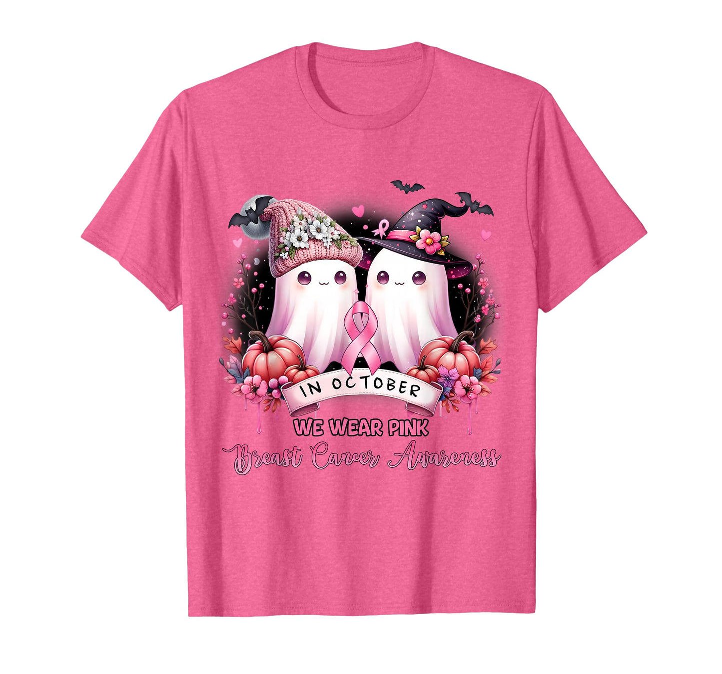 in October We Wear Pink Ghost Witch Halloween Breast Cancer T-Shirt