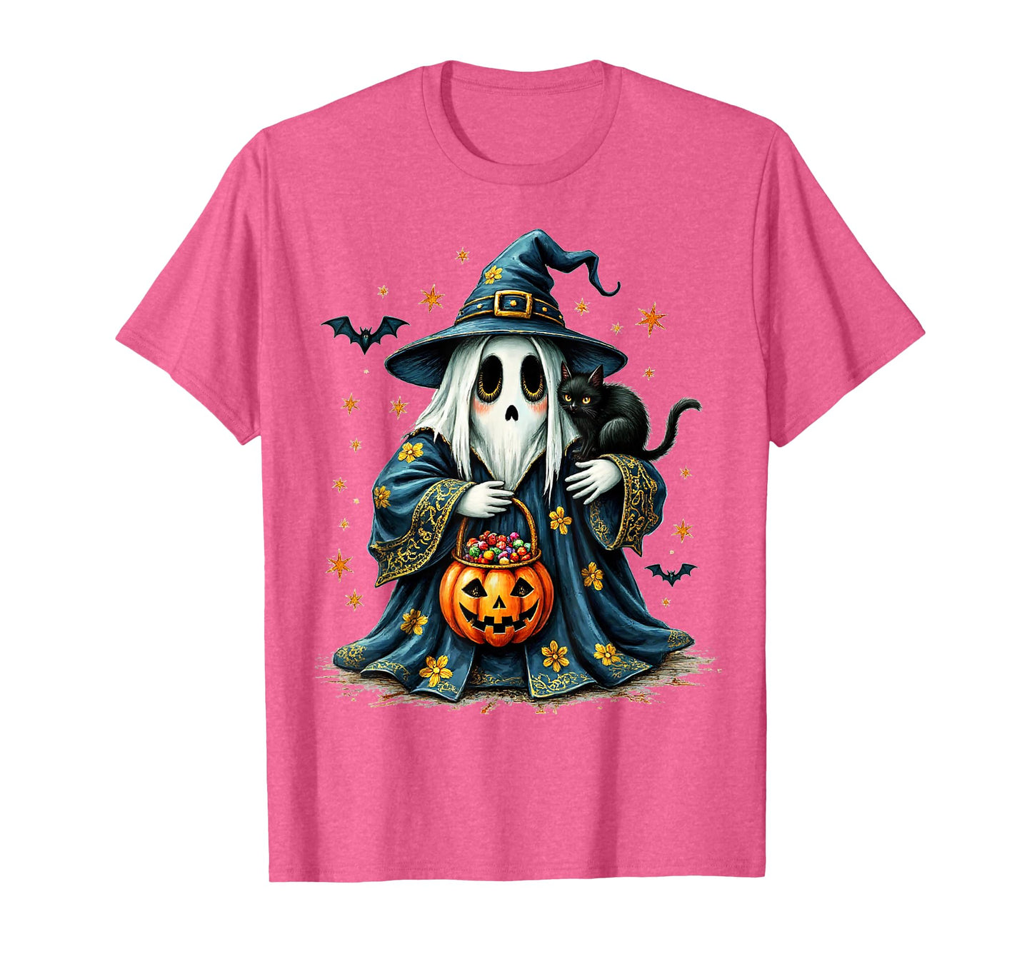 Ghost Holding Black Cat Lover Halloween 2025 Groovy Floral T-Shirt