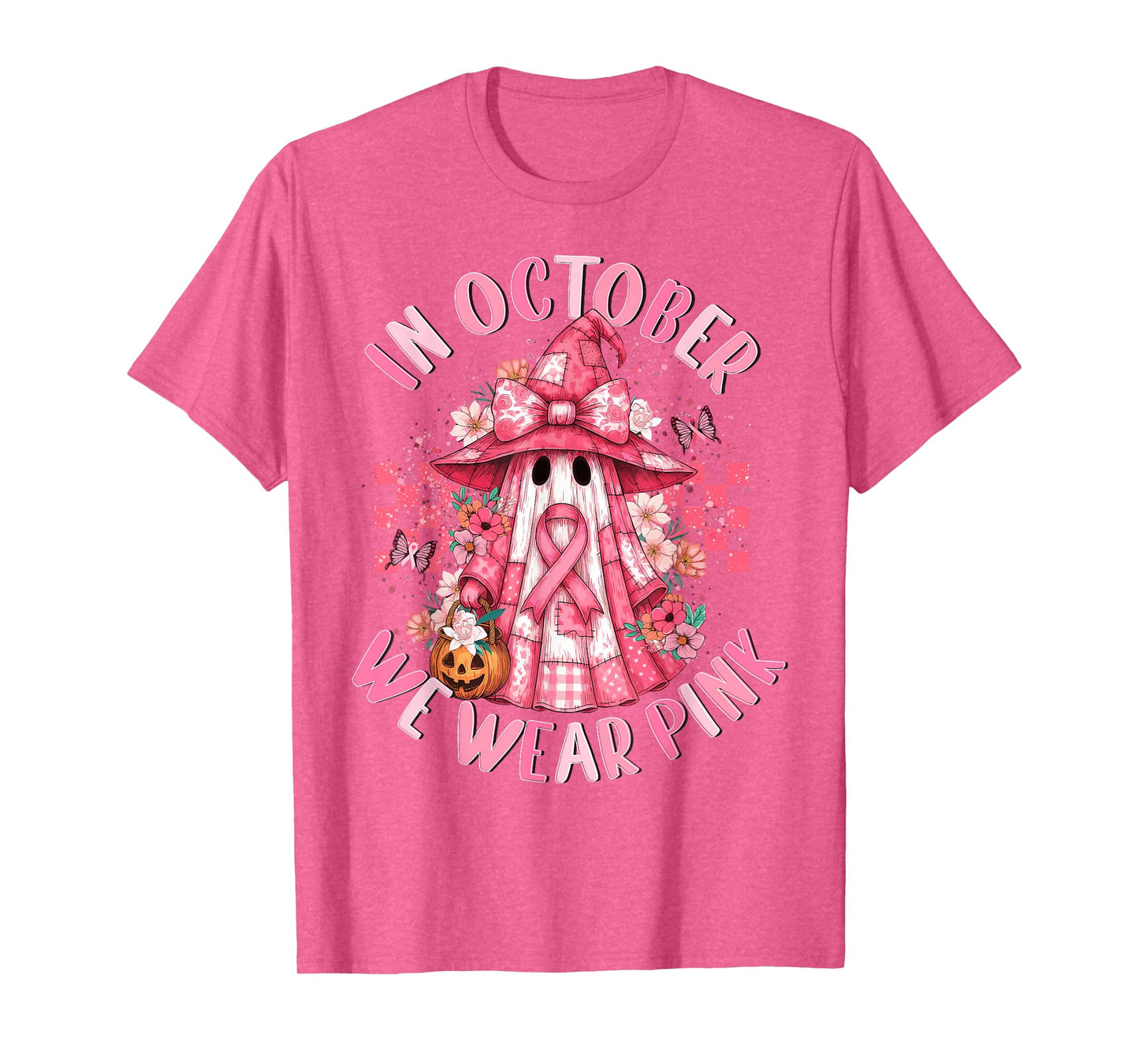 in October We Wear Pink Ghost Witch Breast Cancer Awareness T-Shirt