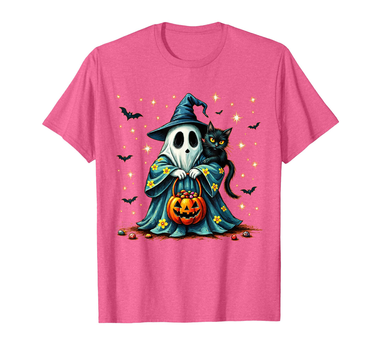 Halloween 2025 Ghost Holding Black Cat Groovy Floral Vintage T-Shirt