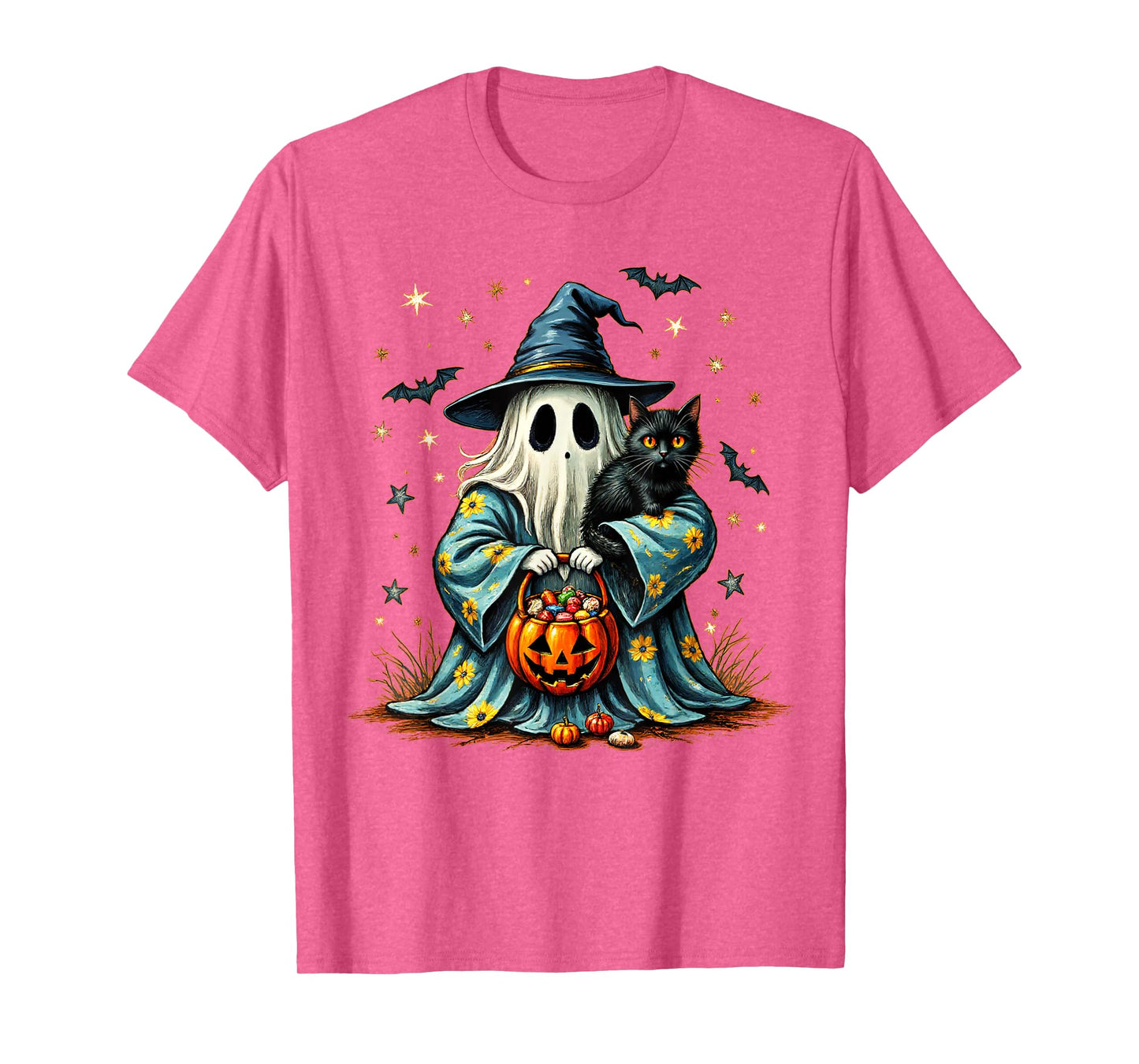 Halloween 2025 Ghost Holding Black Cat Groovy Floral Vintage T-Shirt