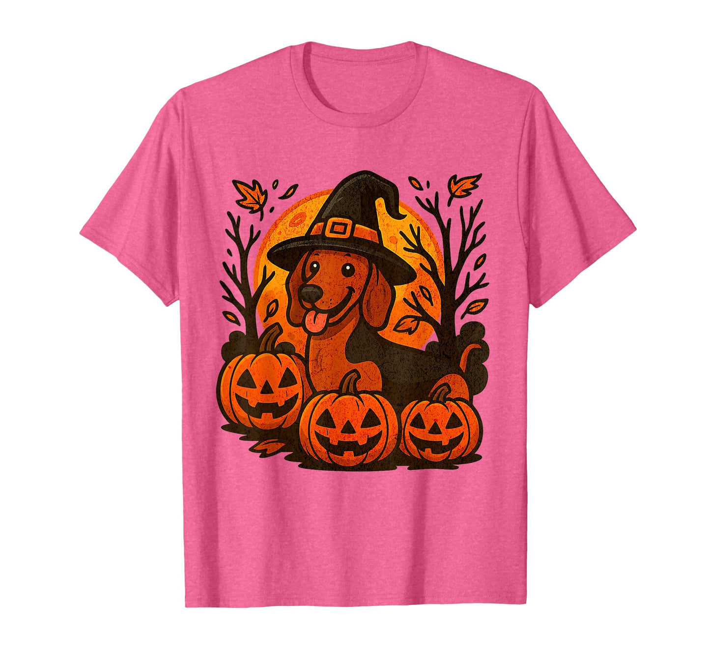 Halloween Dachshund Witch Hat Pumpkins Autumn Leaves T-Shirt