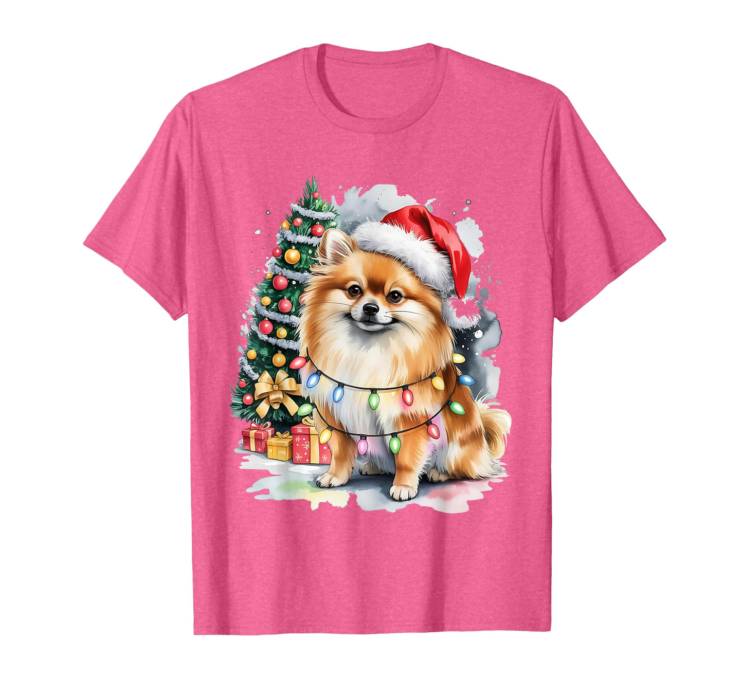 Funny Cute Santa Pomeranian Dog Tangled in Christmas Lights T-Shirt