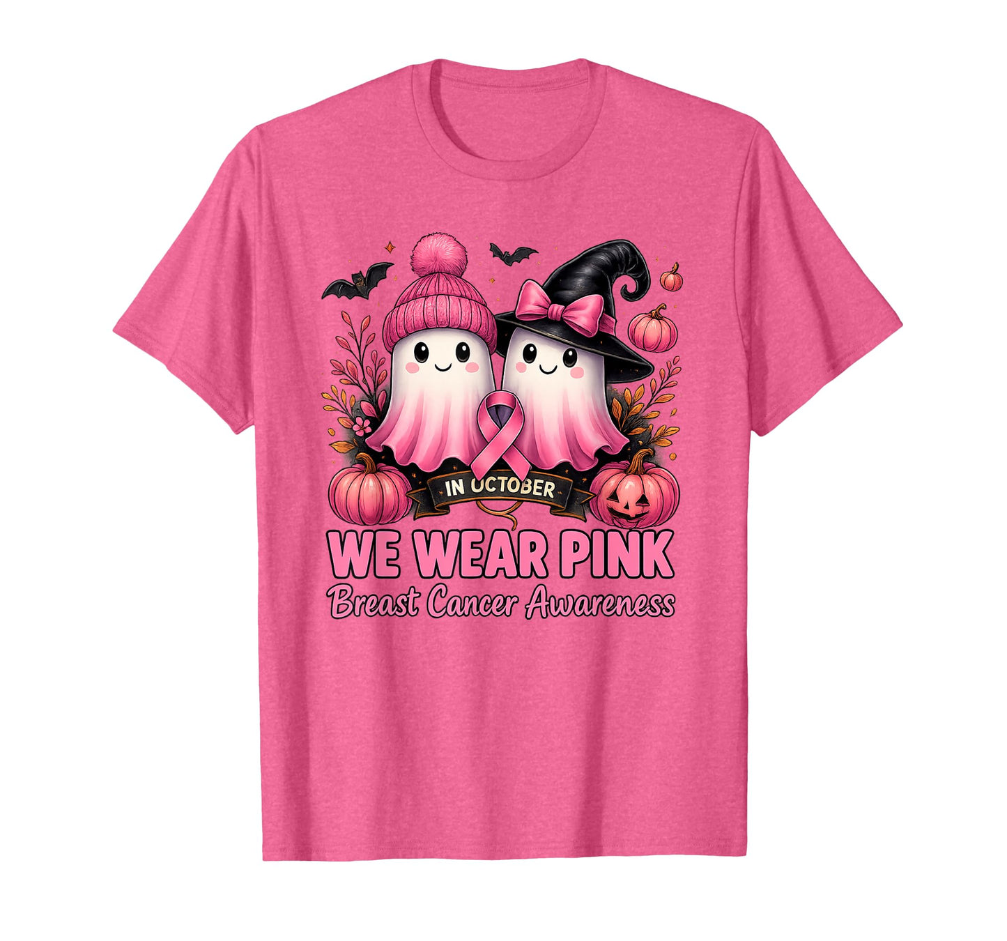 in October We Wear Pink Ghost Witch Breast Cancer Awareness T-Shirt