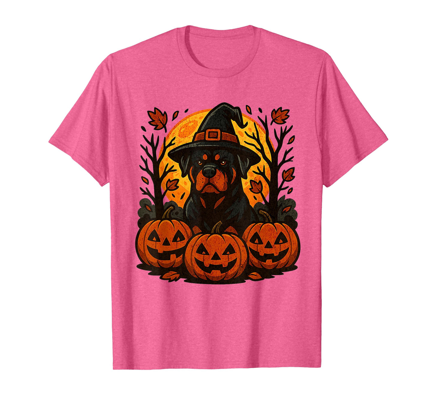 Halloween Spooky Rottweiler Witch Hat Pumpkins Autumn Leaves T-Shirt