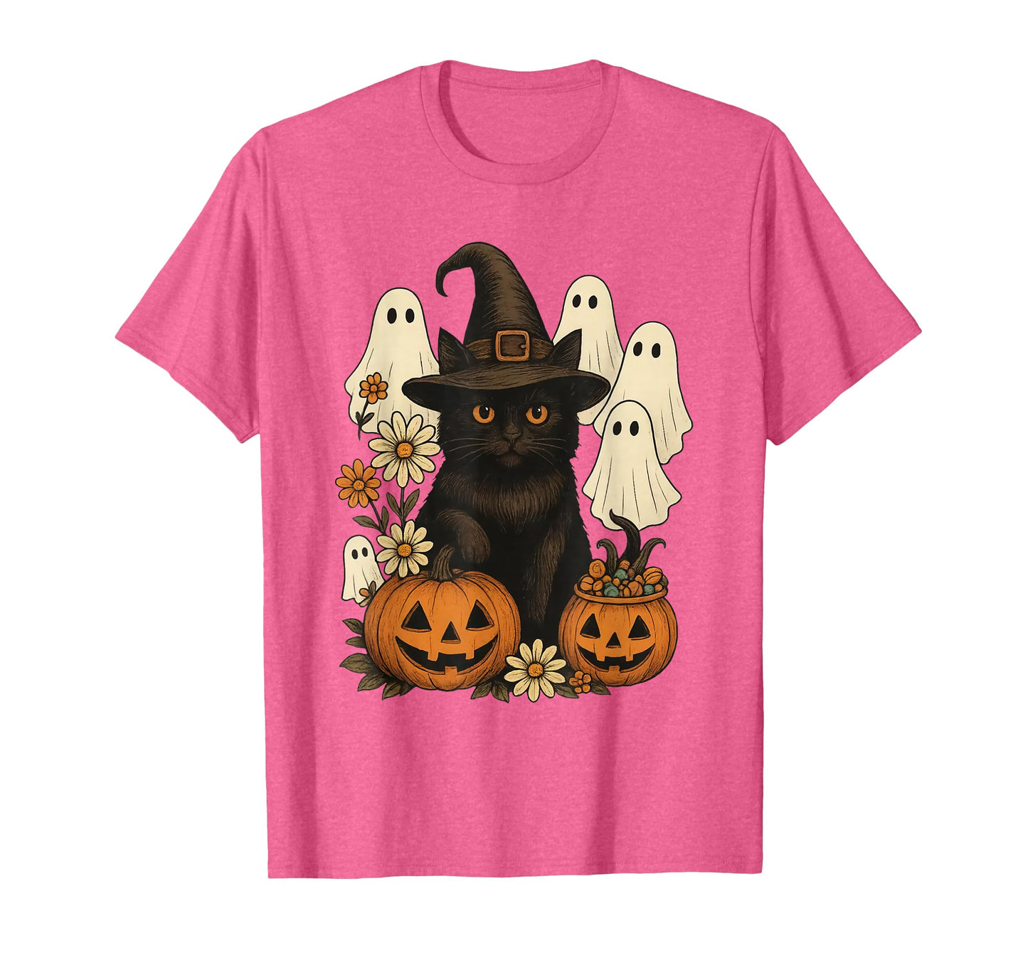 Retro Black Cat Witch Scary Halloween Pumpkin Women Men Kids T-Shirt