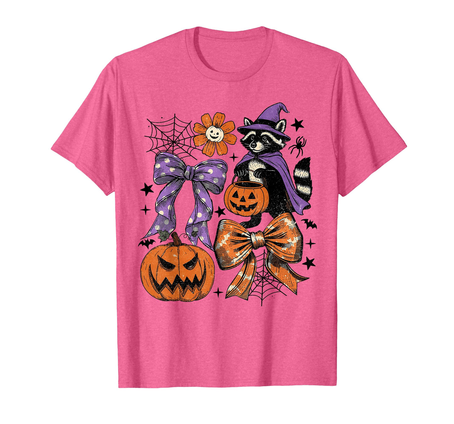 Vintage Halloween Raccoon Pumpkin Coquette Bow Spooky Season T-Shirt