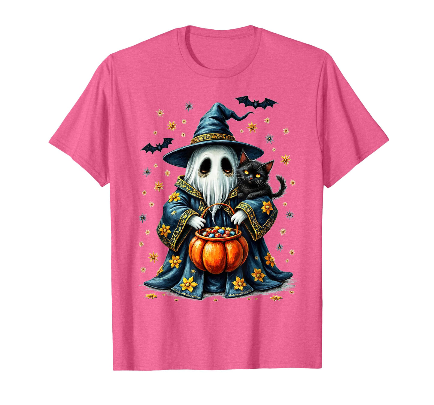 Ghost Holding Black Cat Lover Halloween 2025 Groovy Floral T-Shirt