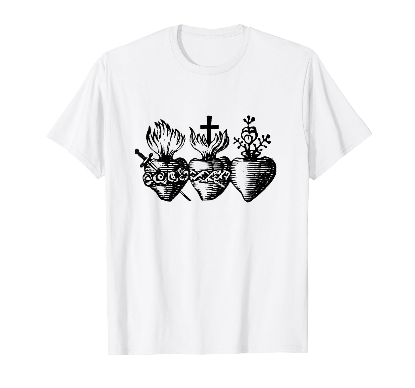 Sacred Hearts of Jesus Mary and Joseph Catholic Etching T-Shirt