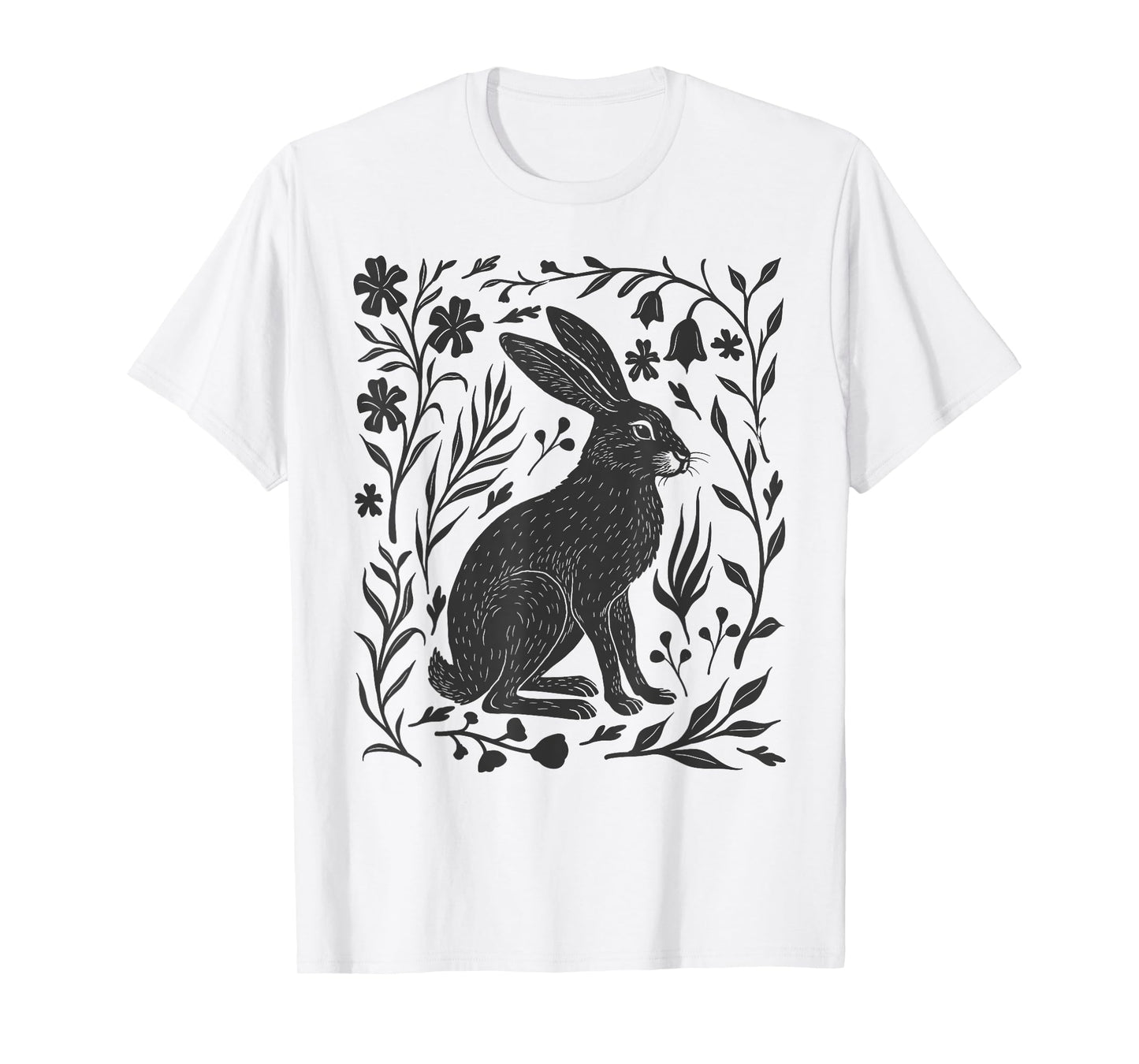 Wild Rabbit Hare Linocut Nature Lino Print Folk Art Forest T-Shirt