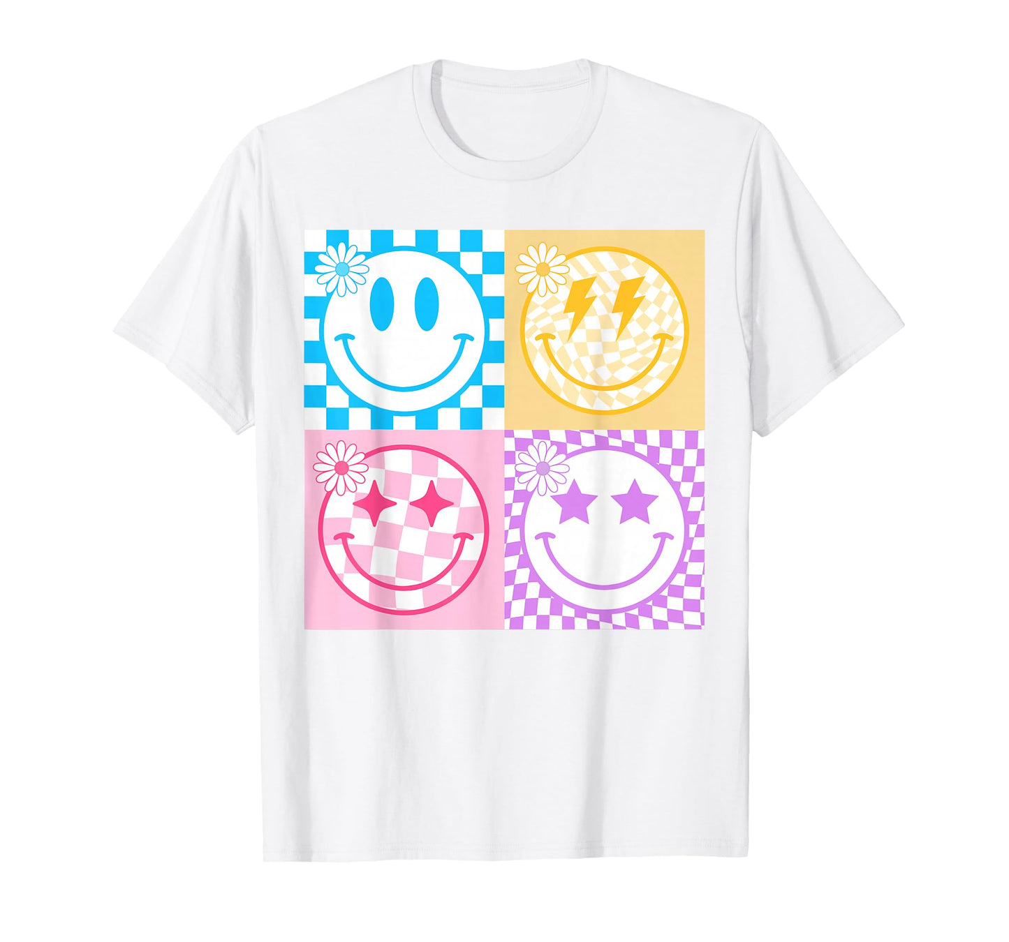 Retro Happy Smile Face Checkered Pattern Vibes Trendy Girls T-Shirt