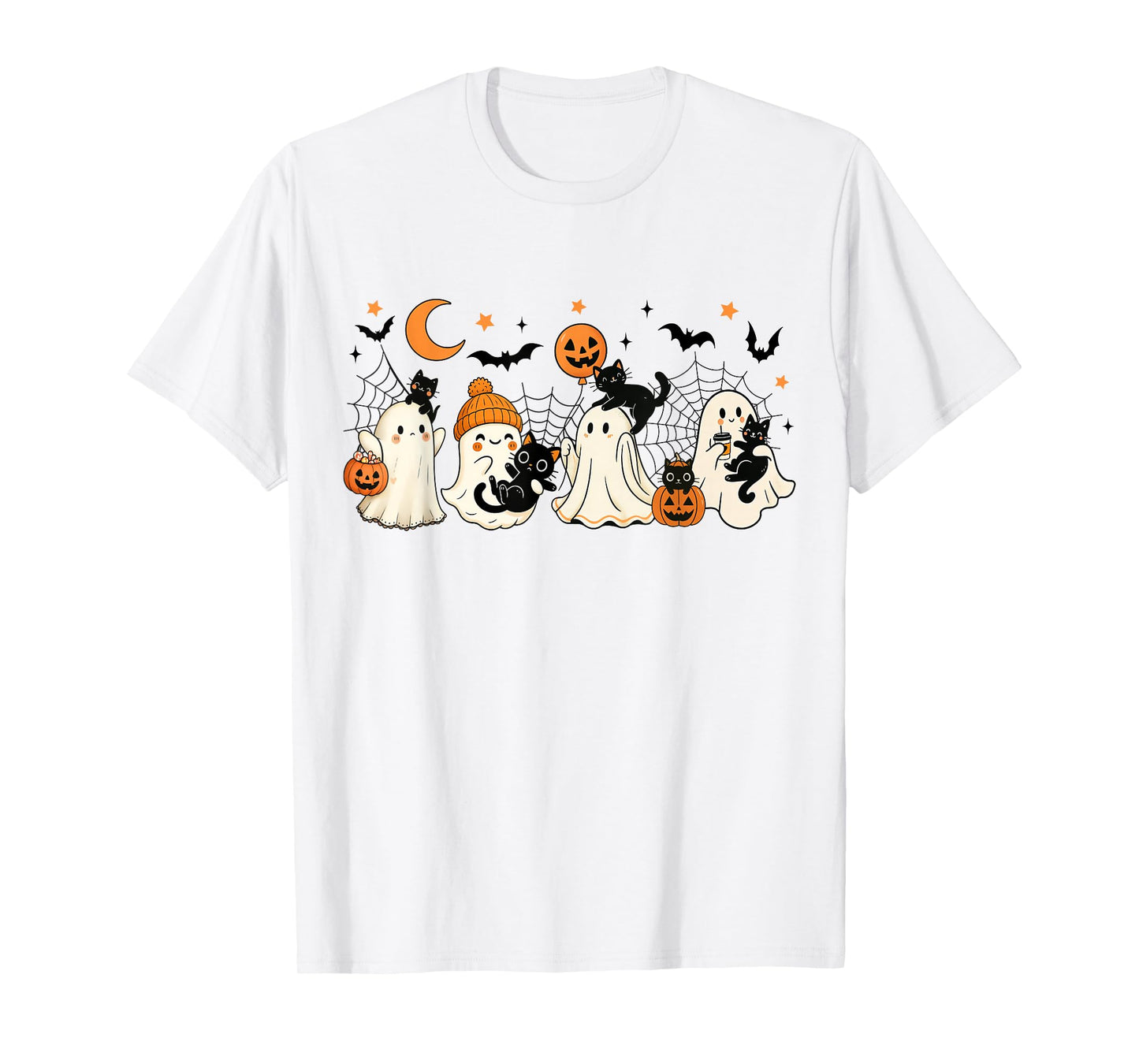 Vintage Halloween Ghost and Black Cat Spooky Season Pumpkin T-Shirt