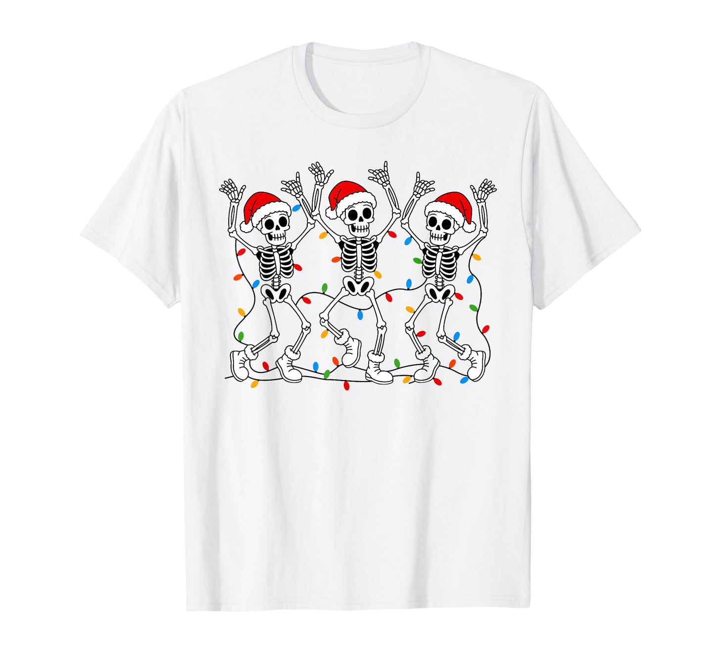 Funny Christmas Dancing Skeletons with Santa Hat Xmas Lights T-Shirt