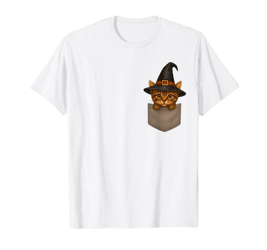Cute Witch Cat in Pocket Funny Halloween Costume Cat Lover T-Shirt