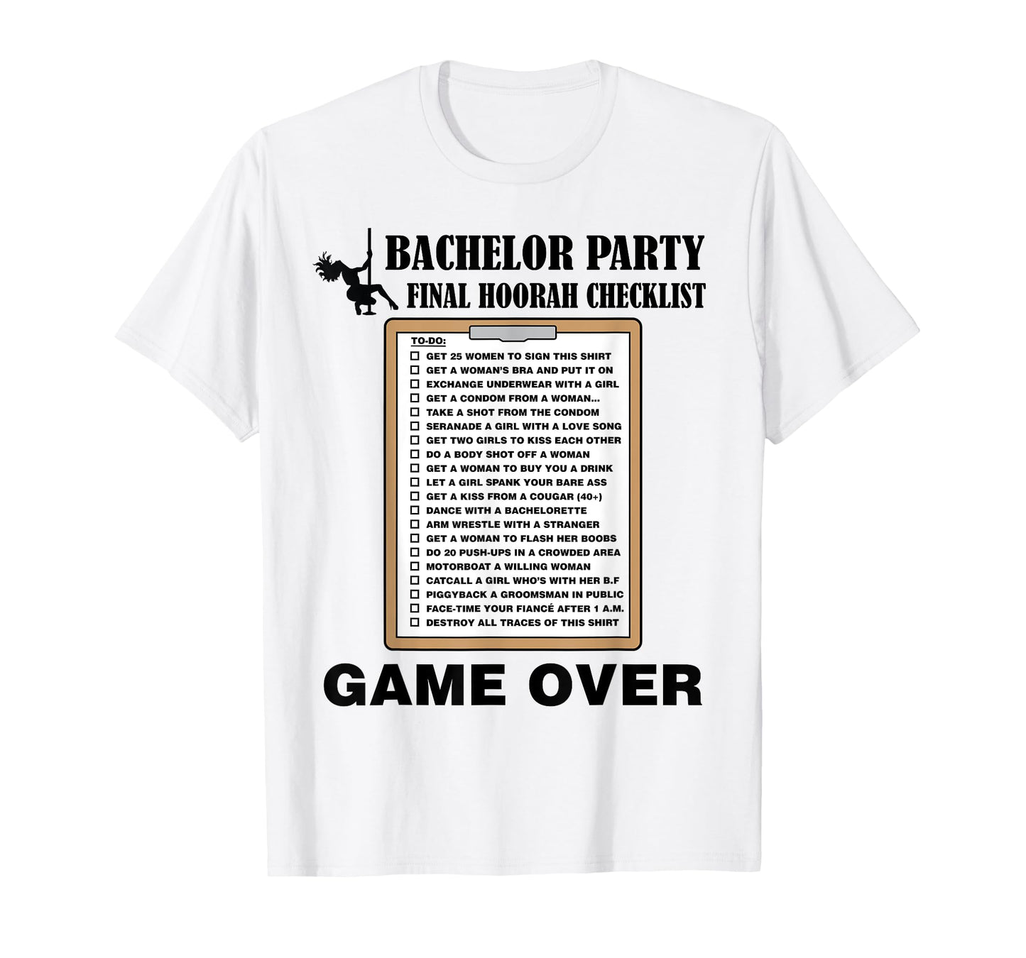 Mens Bachelor Party Checklist Funny Challenge for Grooms T-Shirt