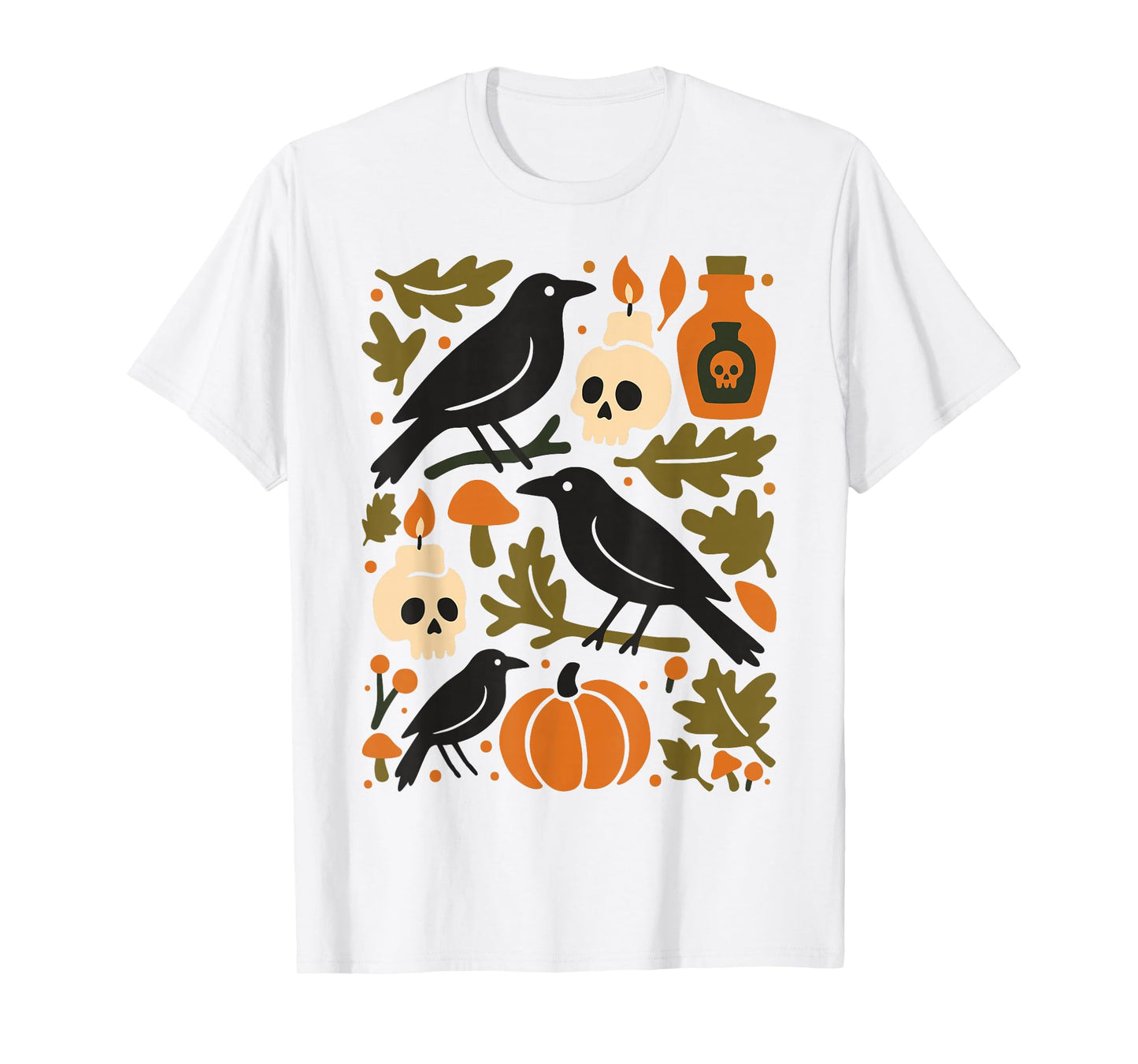 Halloween Ravens Skulls Pumpkin Autumn Leaves Spooky Season T-Shirt