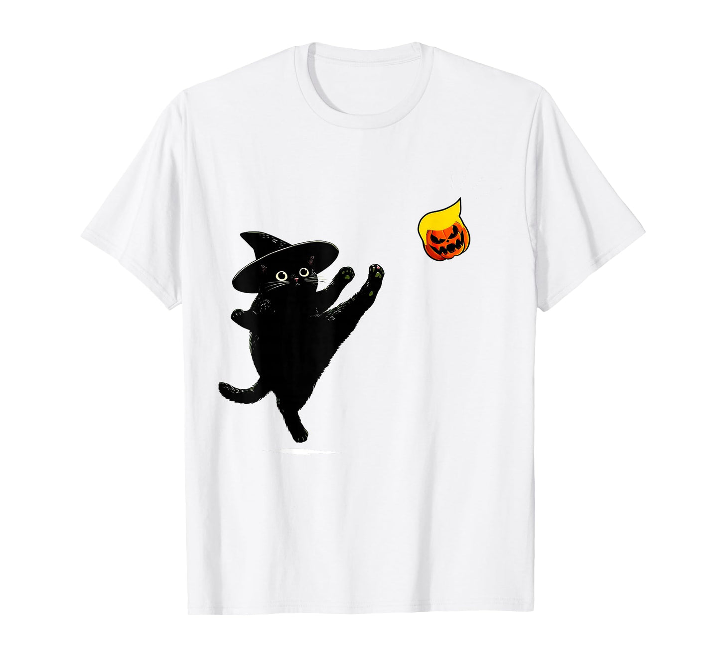 Black Cat Witch Kicking Pumpkin Funny Halloween T-Shirt