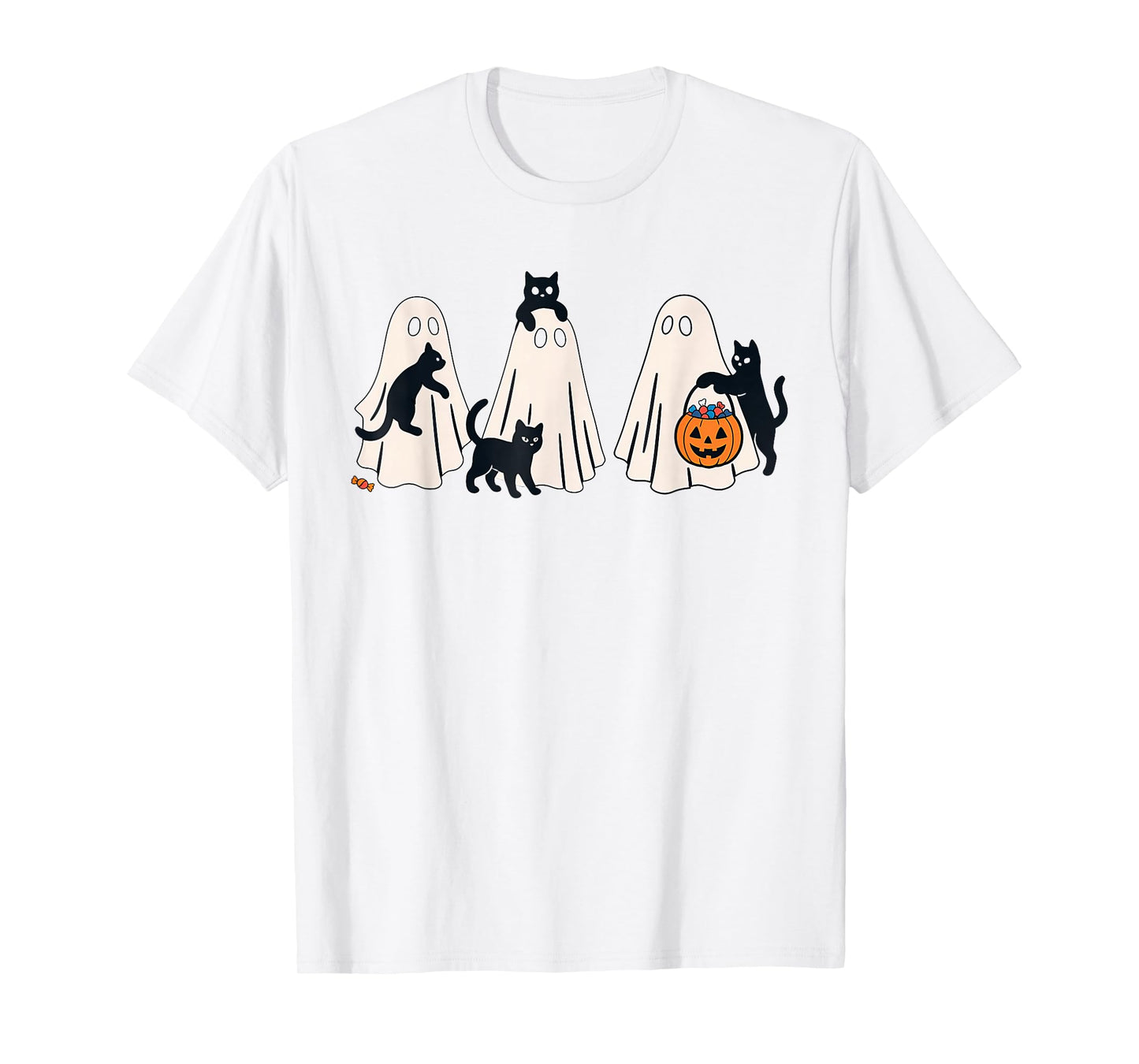 Retro Ghosts Holding Black Cats Halloween Ghost Cat Lovers T-Shirt