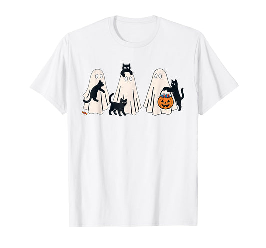 Retro Ghosts Holding Black Cats Halloween Ghost Cat Lovers T-Shirt