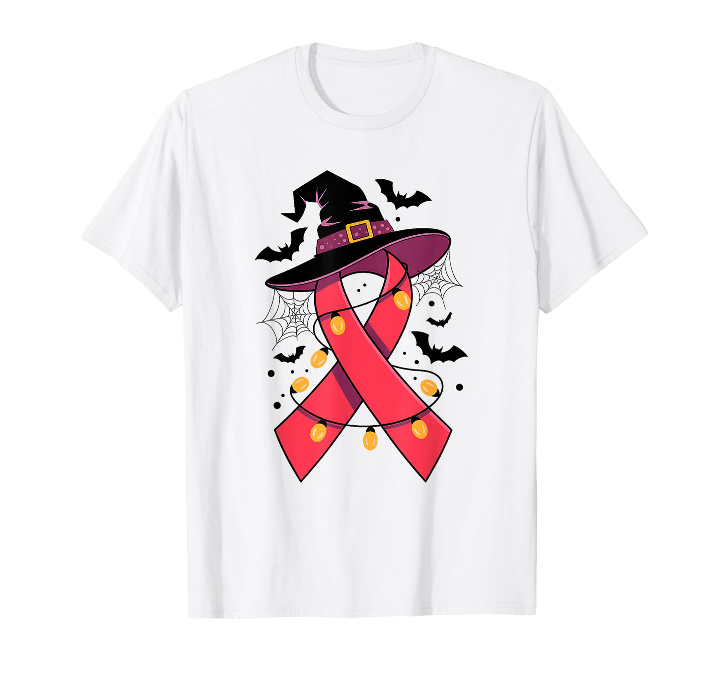 Pink Ribbon Witch Hat Halloween Breast Cancer Womens Girls T-Shirt