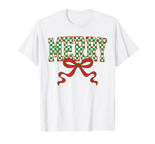 Merry Christmas Checkered Preppy Coquette Bow Xmas Holiday T-Shirt