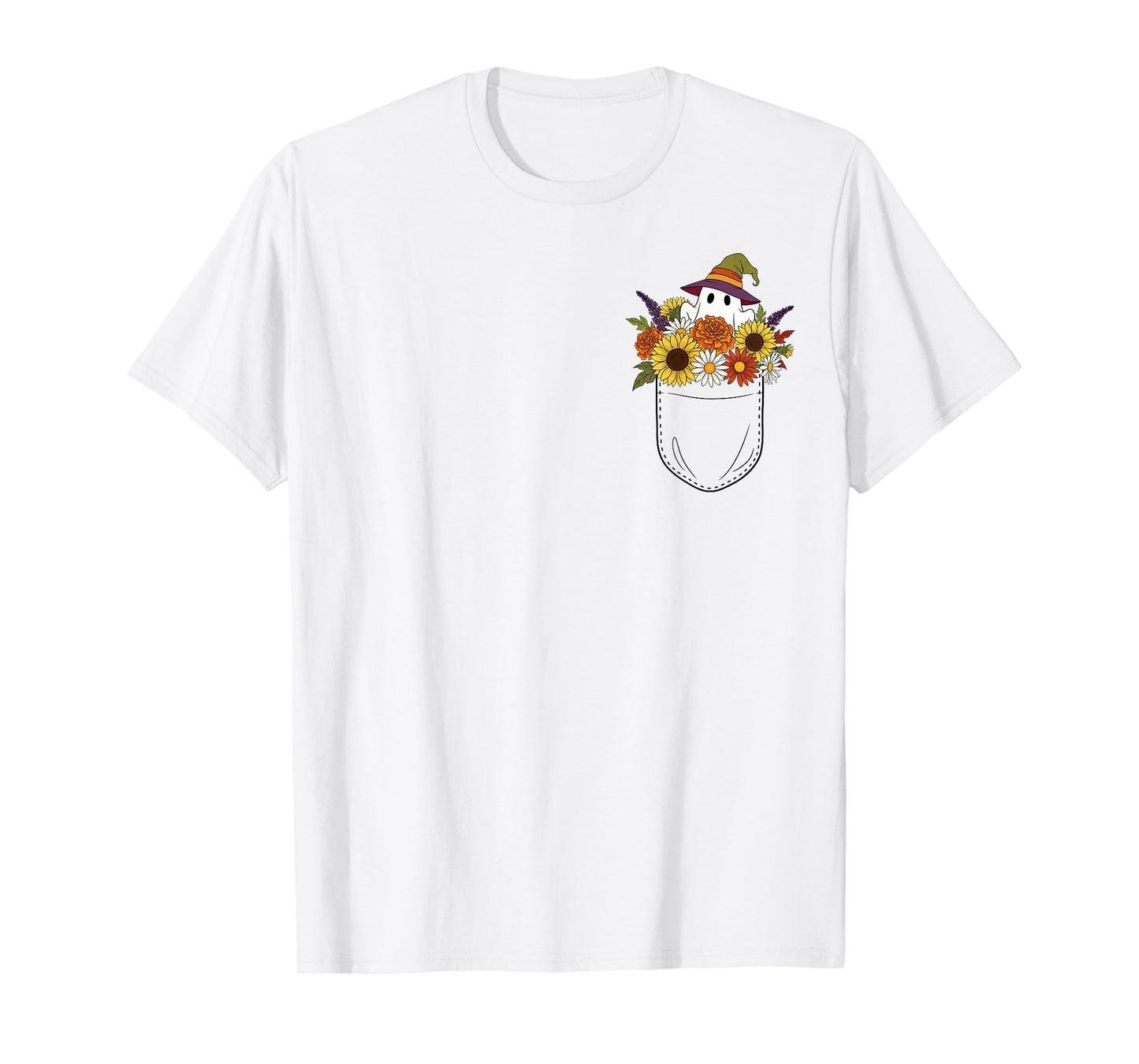 Cute Floral Pocket Ghost in Bouquet of Autumn Flowers T-Shirt