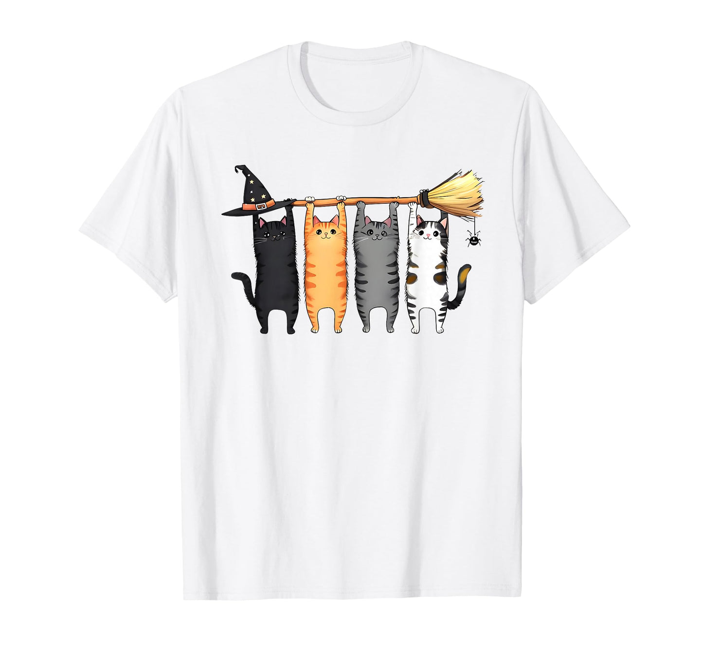 Cute Halloween Tabby Cat Witch Hat Broom T-Shirt