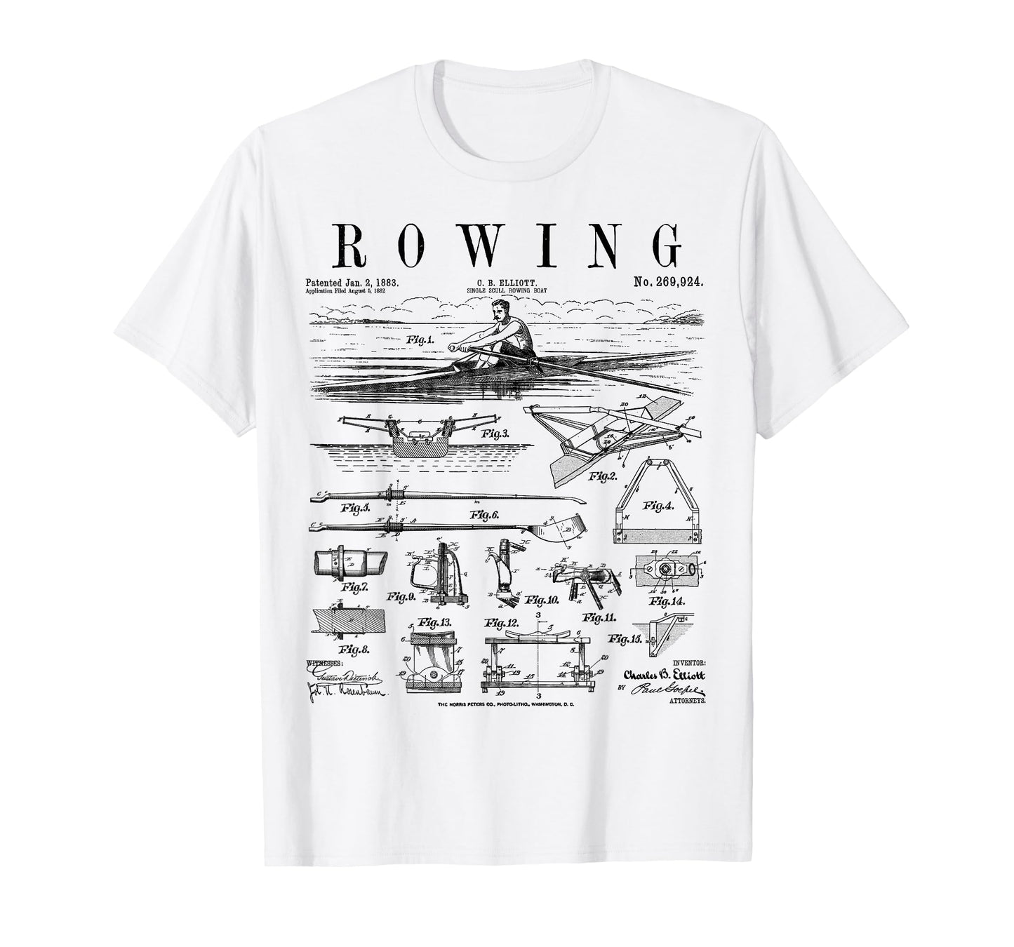 Rowing Sport Rower Sculling Single Scull Boat Vintage Patent T-Shirt