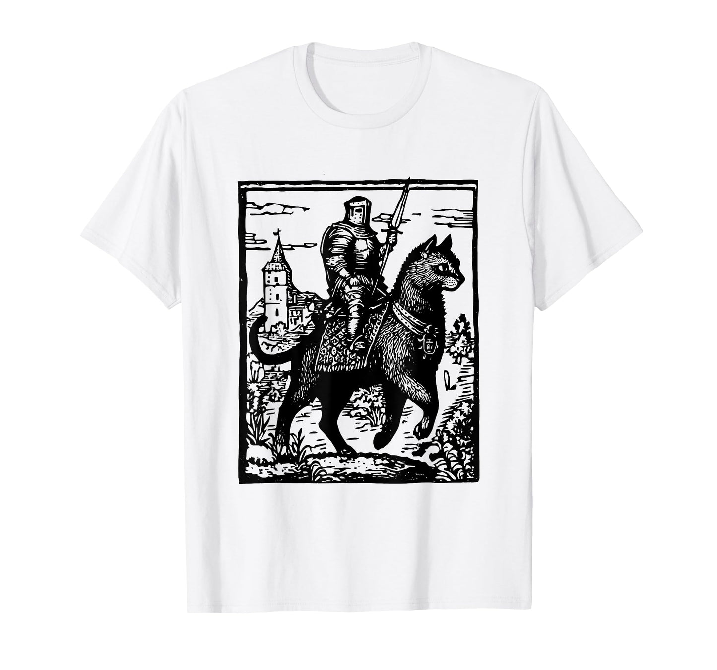 Knight Cat Rider Funny Retro 90s Dark Art Funny Cat Meme T-Shirt