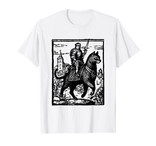 Knight Cat Rider Funny Retro 90s Dark Art Funny Cat Meme T-Shirt
