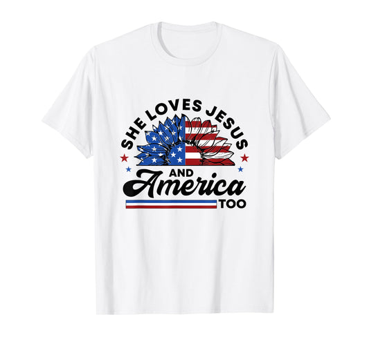 She Loves Jesus And America Too Christian Women US Sunflower T-Shirt