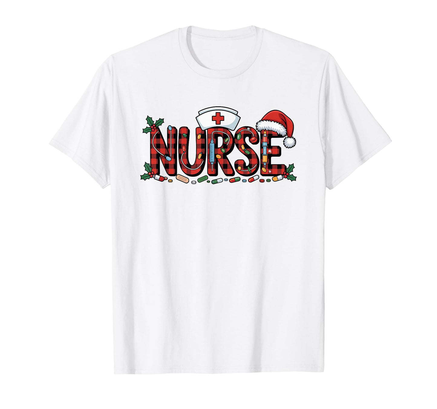 Christmas Nurse Buffalo Plaid Santa Hat Christmas Lights T-Shirt