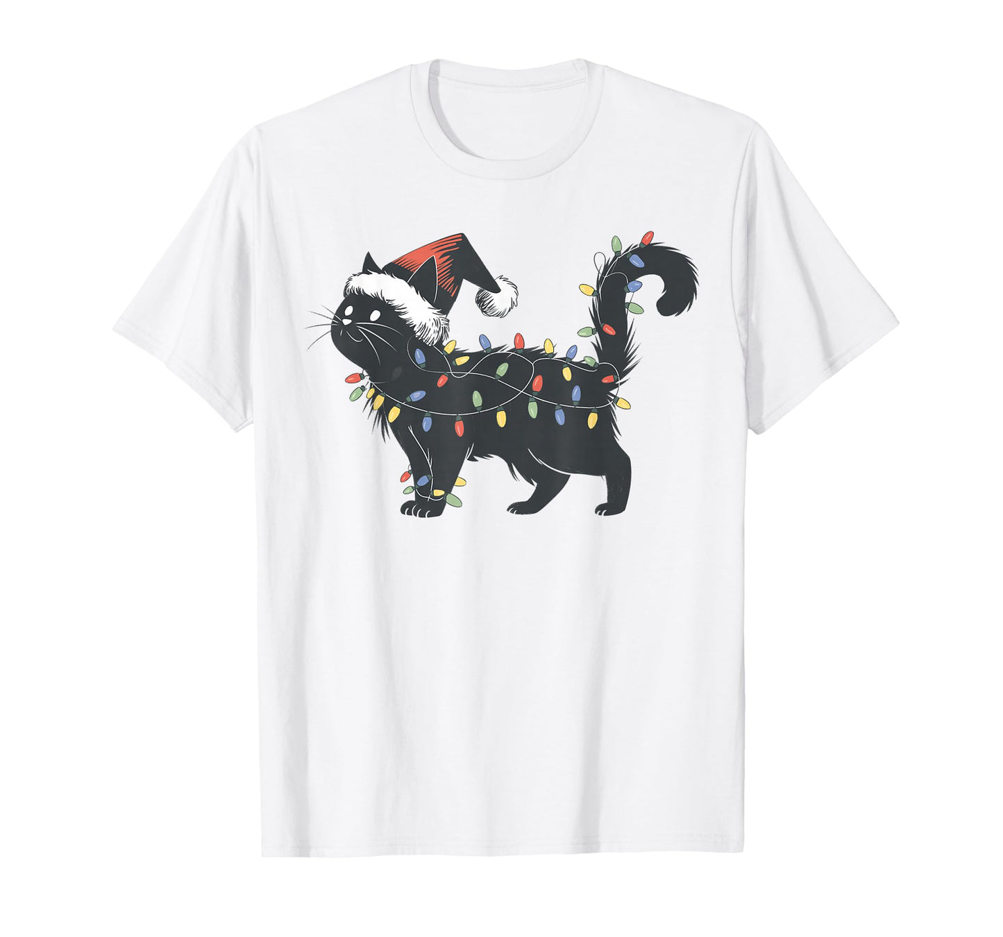 Cute Black Cat Christmas Lights Funny Holiday Santa Hat Cat T-Shirt