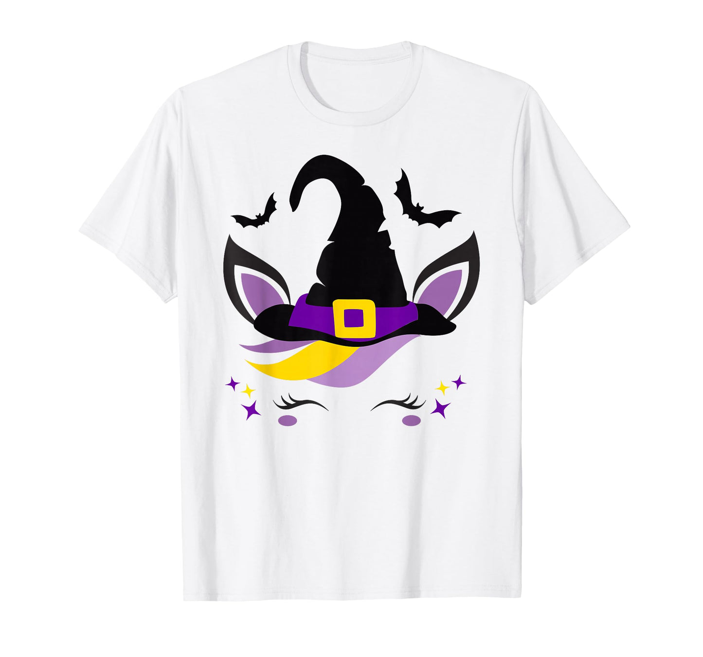 Unicorn Face Eyelashes Bat Scary Witch Hat Halloween Costume T-Shirt