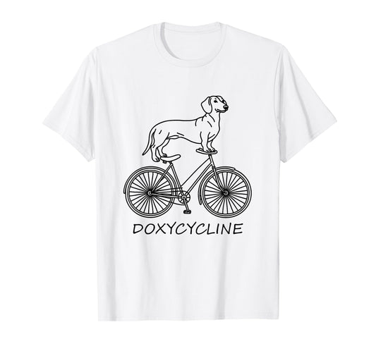 Dachshund on Bicycle Doxycycline Pharmacy Pun Dog Pharmacist T-Shirt for Men Women