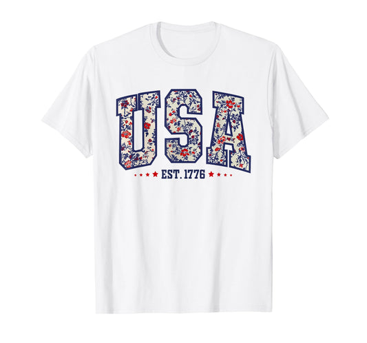 Floral USA Est 1776 Patriotic Wildflower 4th of July Retro T-Shirt