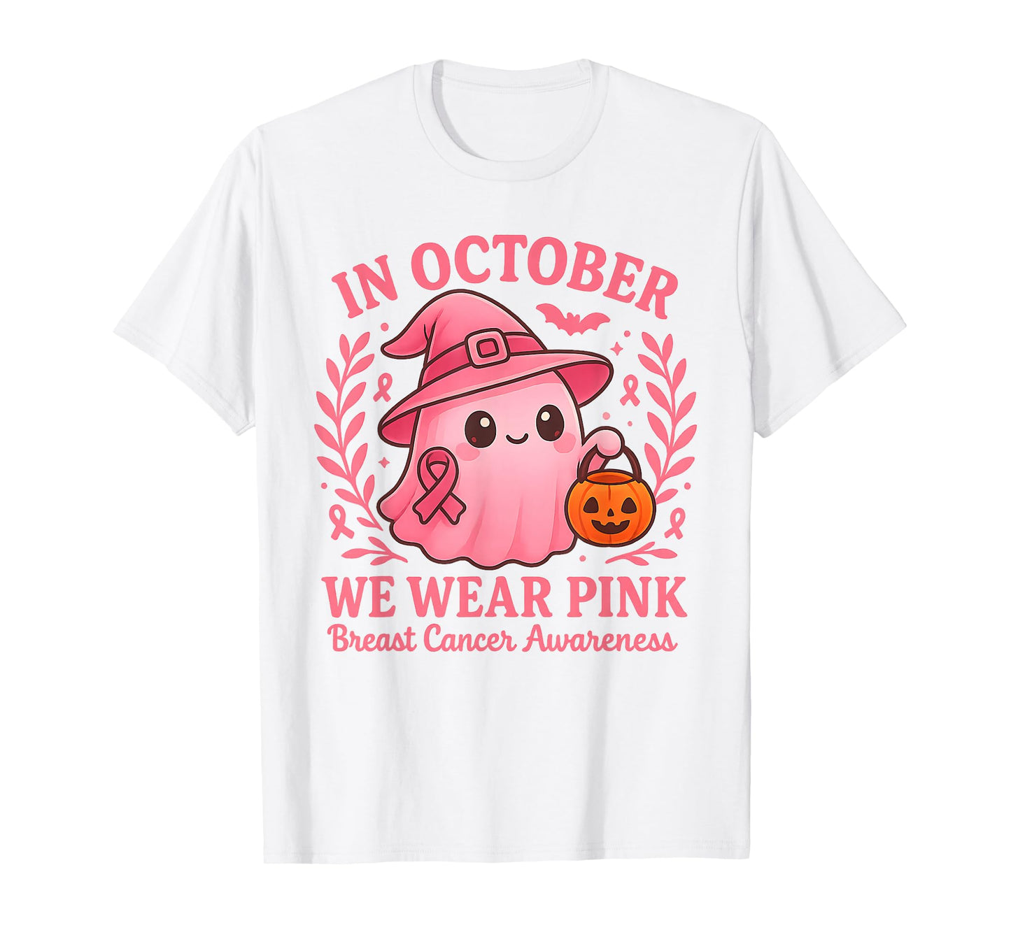 in October We Wear Pink Ghost Witch Breast Cancer Awareness T-Shirt