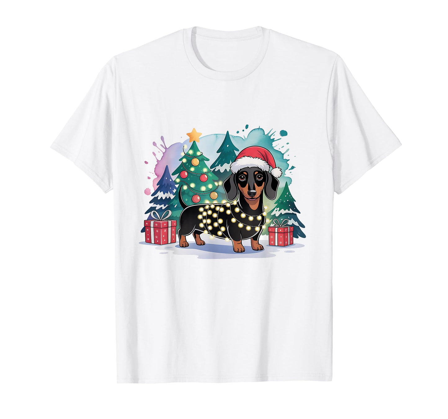 Cute Festive Dachshund Dog Santa Hat Christmas Tree Lights T-Shirt
