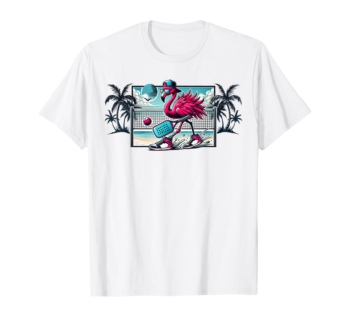 Flamingo Pickleball Beach Tropical Palm Trees Pickleball Fun T-Shirt