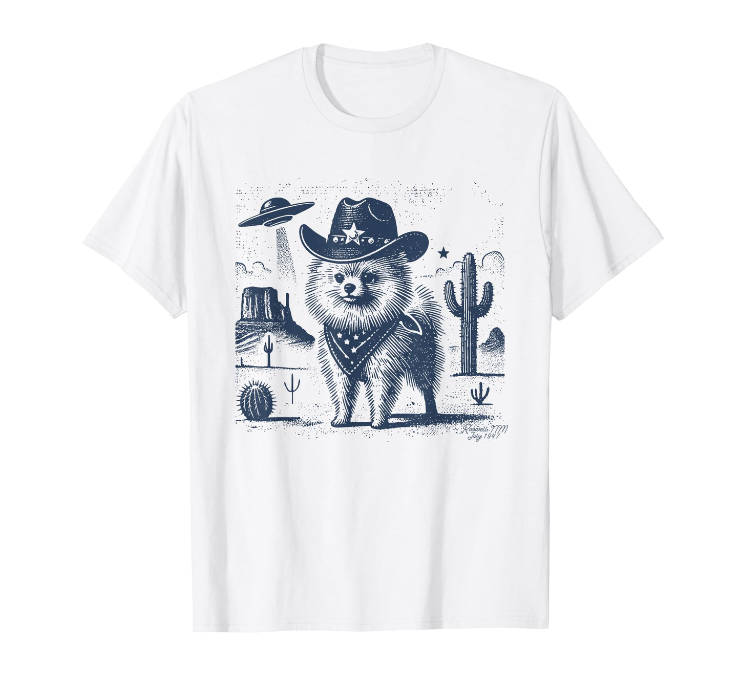 Pomeranian Cowboy Dog Vintage UFO Wild Western Desert Alien T-Shirt