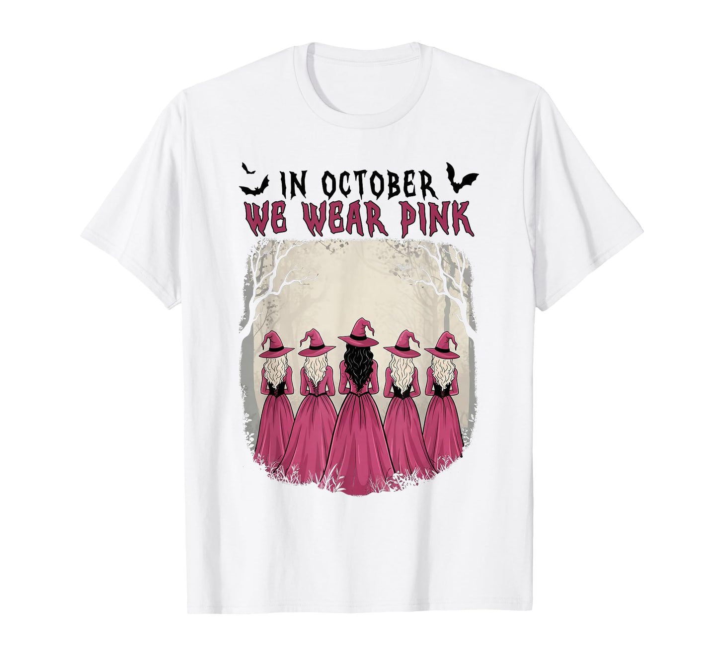 in October We Wear Pink Witch Halloween Breast Cancer Women T-Shirt