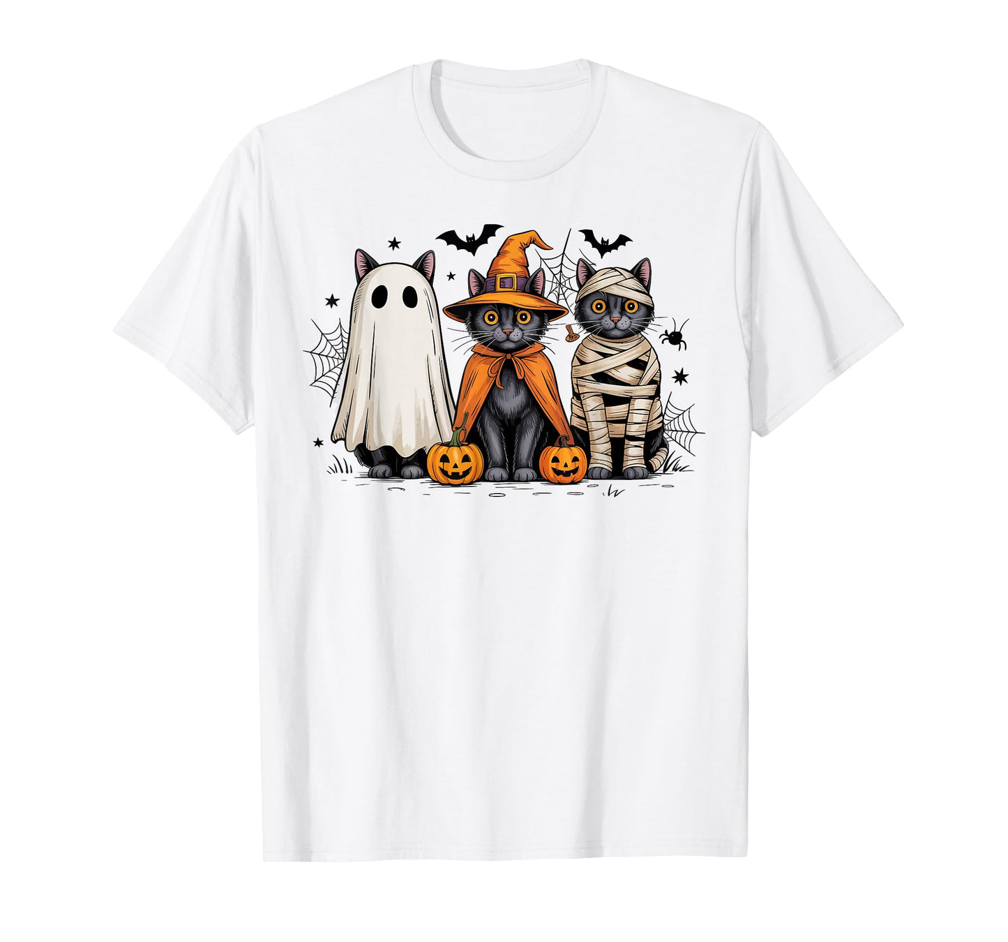 Retro Three Black Cats Witch Pumpkin Scary Halloween Costume T-Shirt