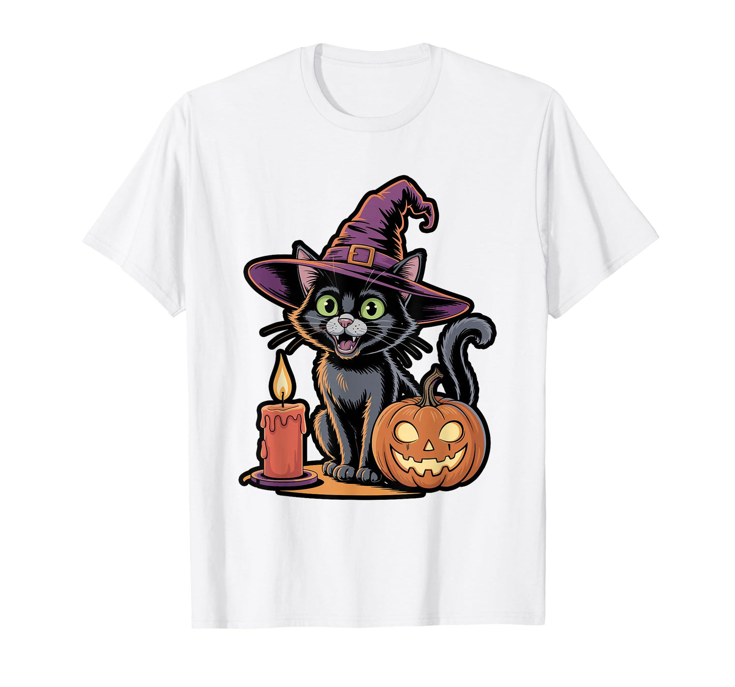 Cute Black Cat Witch Hat Halloween Design T-Shirt
