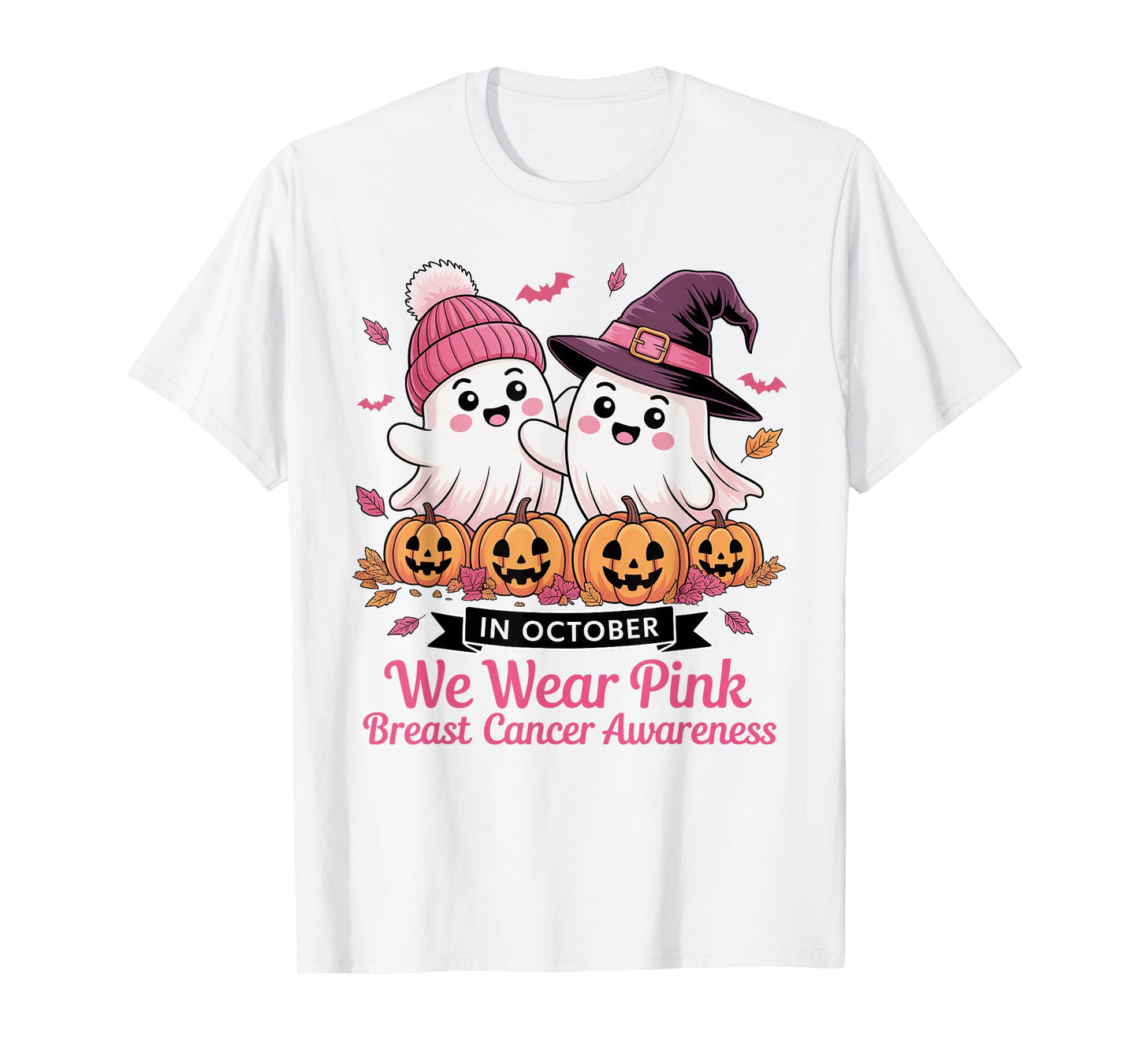 in October We Wear Pink Ghost Witch Breast Cancer Awareness T-Shirt